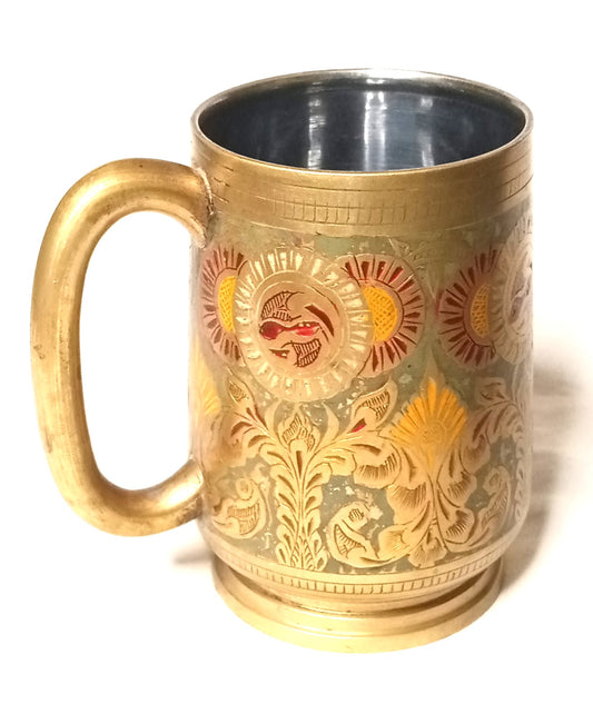 Vintage Handmade Heavy Etched Brass Floral Stein Mug Drinking Cup