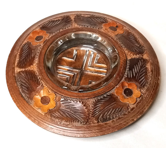 Unique vintage set glass ashtray exotic carved wood stand flying saucer 9"