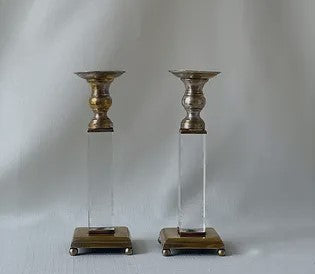 Candlestick Pair Of Silver Plated & Glass Candlesticks - Brass, Glass, Silver-plated
